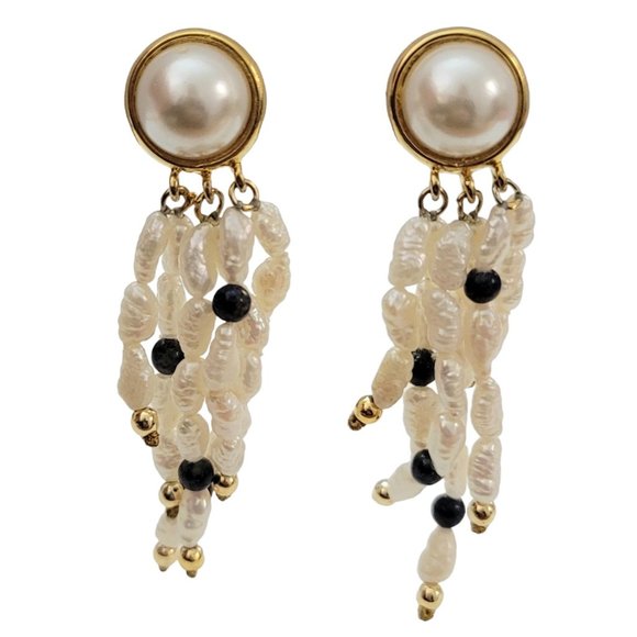 Gold Tone Rice Pearl Lapis Beads Dangle Clip-On Earrings, K873 - Picture 3 of 5